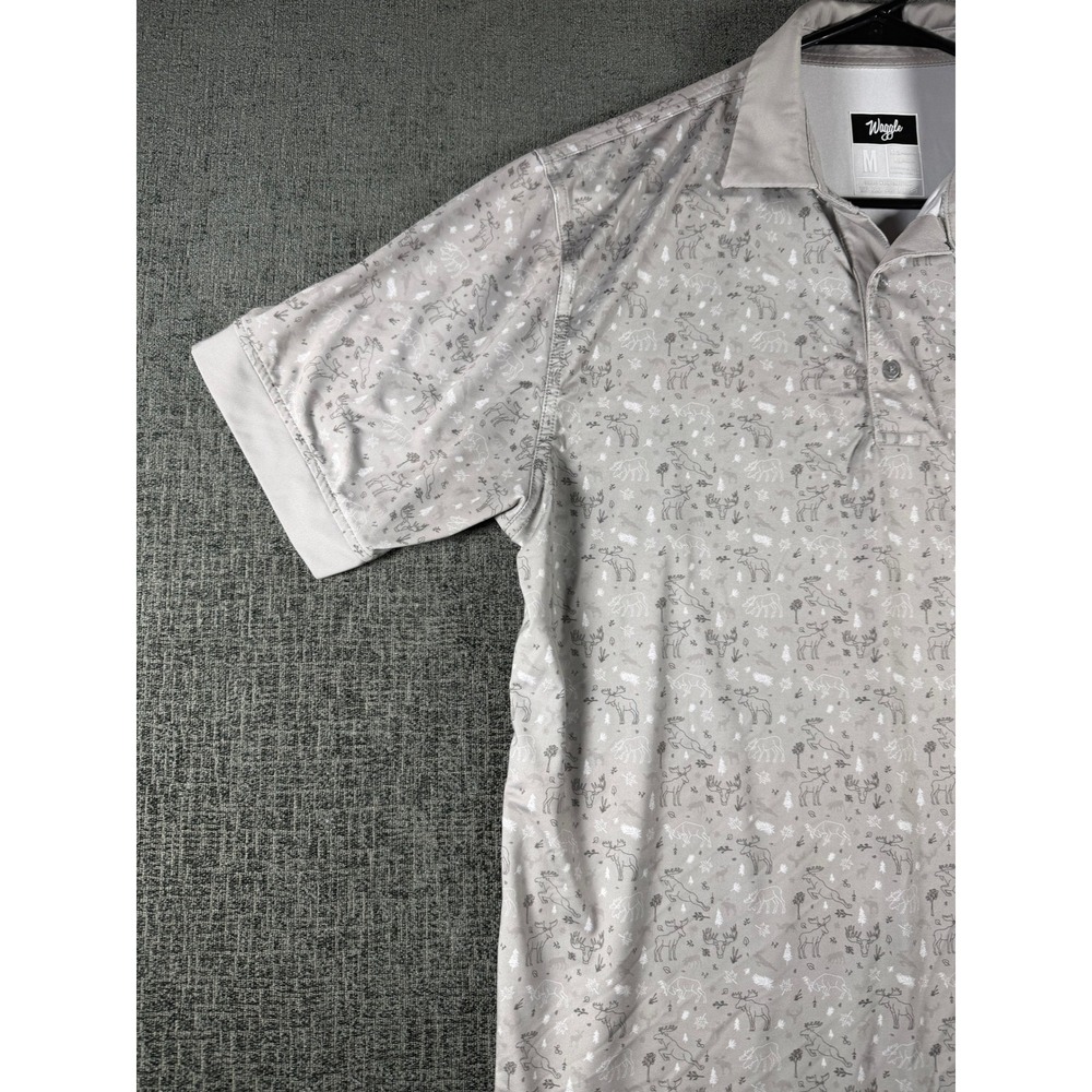 Waggle Mens Golf Polo Shirt Gray Moose Nature Print Performance Stretch Size M - Picture 3 of 11